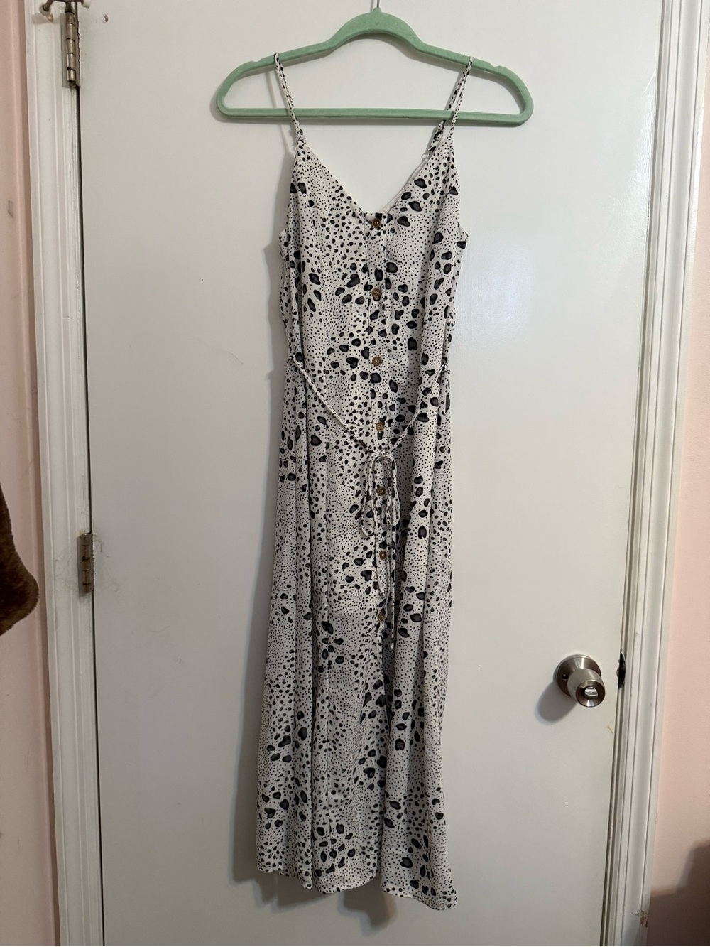 White and Black Spotted Maxi Slip Dress with Tie Waist